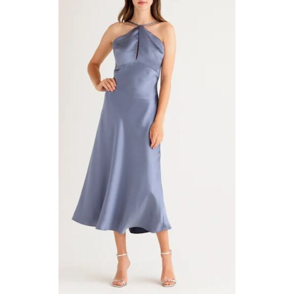 Amsale Inaya Slate Lilac High Neck Empire Waist Formal Cocktail Dress Size 12 - Picture 1 of 6